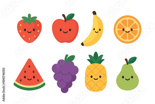 Cute fruit collection, smiling faces, flat vector illustration, cheerful design