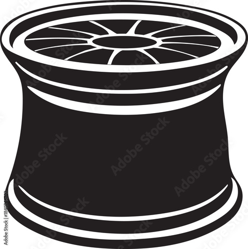 Abstract black and white vector silhouette design of an industrial bobbin or spool, ideal for graphic elements and craft-related projects with a clean, modern aesthetic
