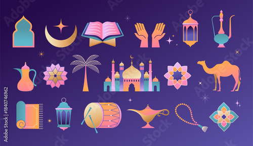Collection of colorful Ramadan illustrations and design elements with color gradient. Modern Islamic icons set.