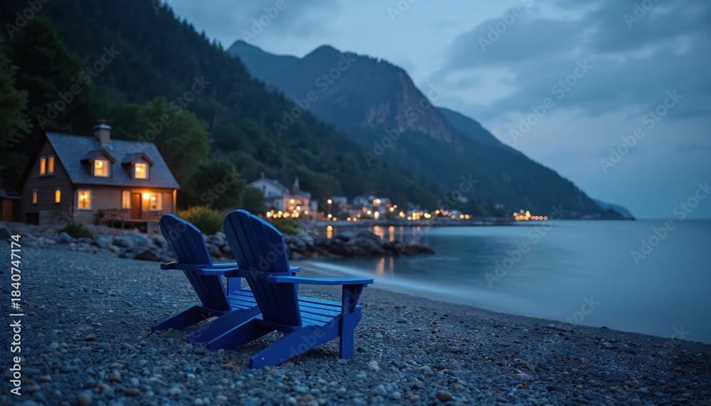 Fototapeta premium Twilight scene with empty blue chairs facing calm water. Small cottage and village lights glow near forested mountains. Pebble beach and serene lake views create peaceful atmosphere. Escape to nature.