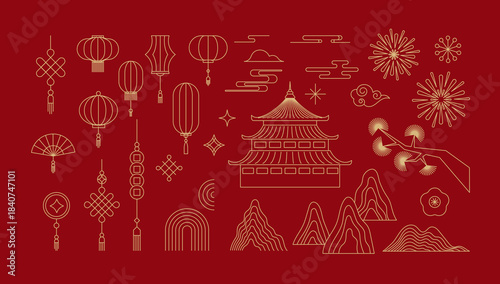Elegant burgundy and gold Chinese linear illustrations and decorative elements collection