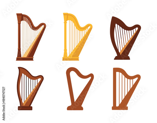 Harp collection, stringed instruments, musical icons, flat vector illustration