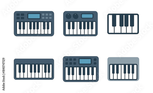 Music keyboard collection, synthesizer, electronic piano, flat vector illustration