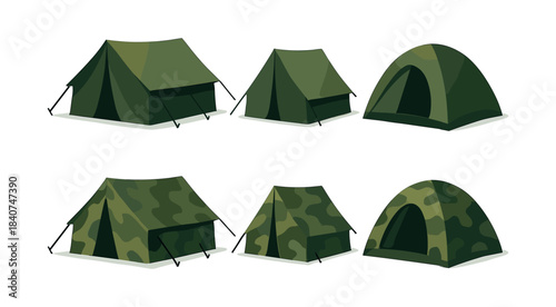 Camping tents vector illustration, military, outdoor gear, flat vector collection