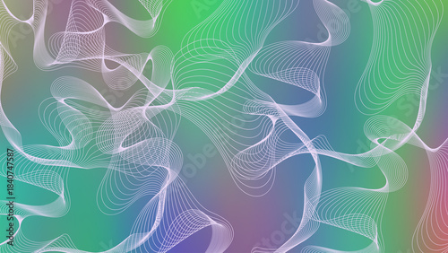 Dynamic white line pattern with green blue blur gradient as background and wallpaper