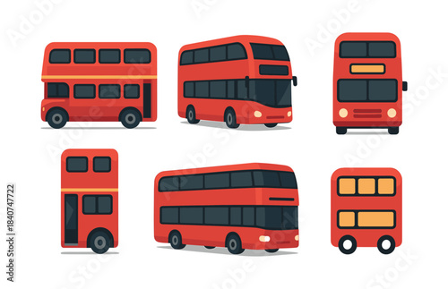 Double decker bus collection, public transport vehicles, flat vector illustration