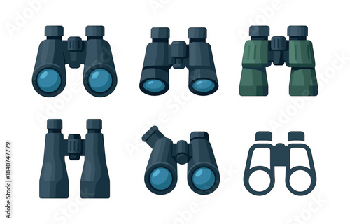 Binoculars set, birdwatching tools, outdoor equipment, flat vector illustration