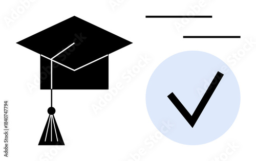 Graduation cap and checkmark indicating accomplishment, success, certification, qualification, education, career growth. Ideal for learning, goals, exams achievement motivation career and simple