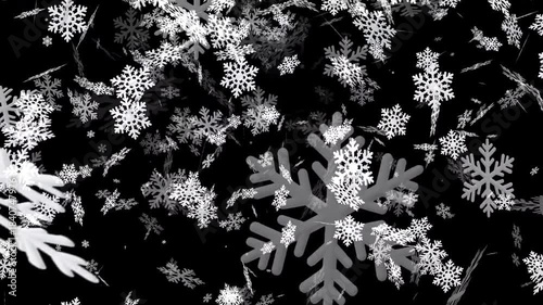 White fluffy decorative snowflakes densely falling and swirling on a black 4K background, ideal winter overlay for Christmas video greetings and festive advertisements