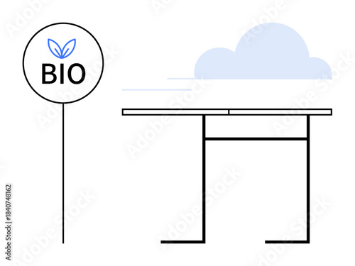 Sustainability, renewable energy, eco-friendly practices, environmental design, organic products, minimalism. A bio sign and a modern minimalist table with a cloud in the background. Sustainability