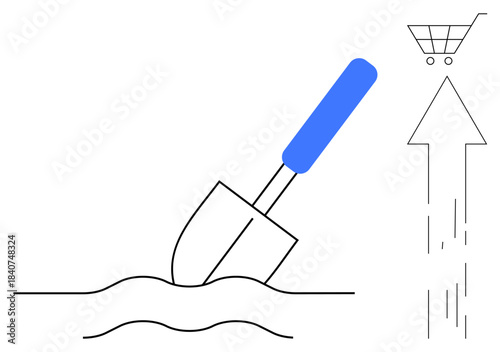 Agriculture, e-commerce, growth, development, business, innovation. A shovel digging soil next to a cart and arrow. Agriculture and e-commerce with growth and progress