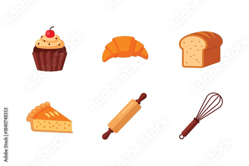 Assortment of baked goods and baking utensils