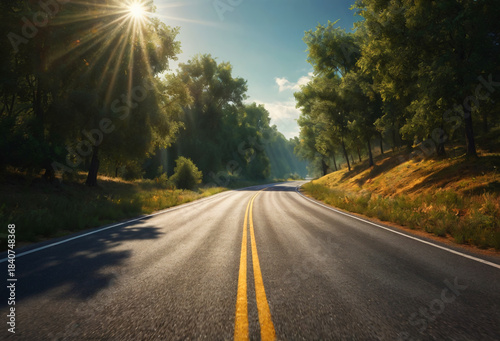 Asphalt road at sun day. Generative AI