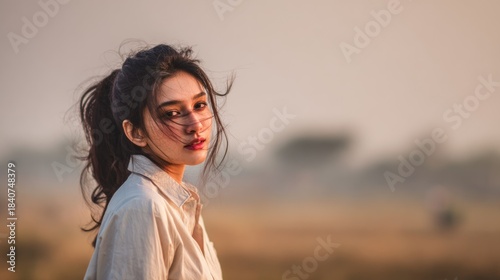 Serene portrait of a young woman with windswept hair at golden hour