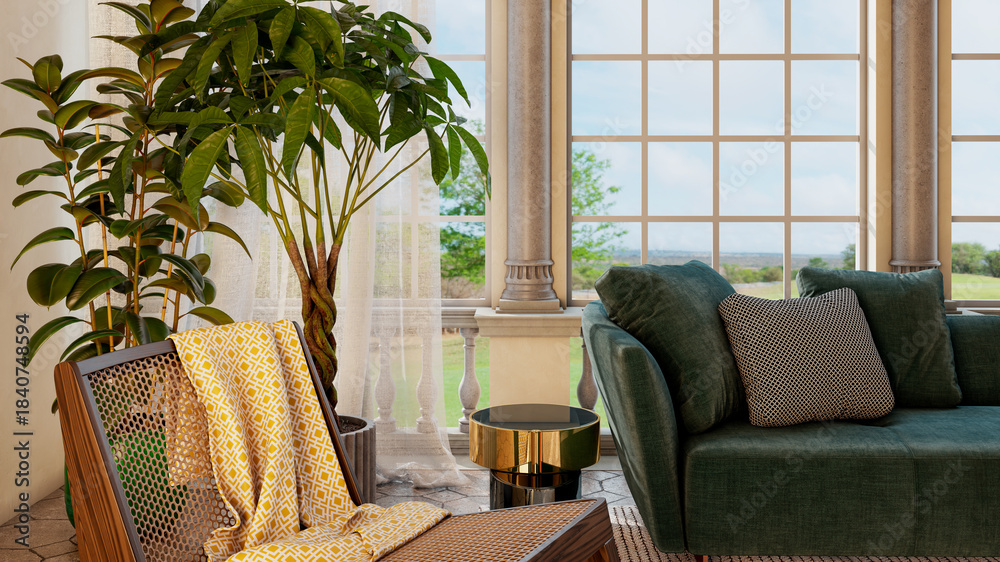 Obraz premium Large luxury modern bright interiors Living room mockup illustration 3D rendering image