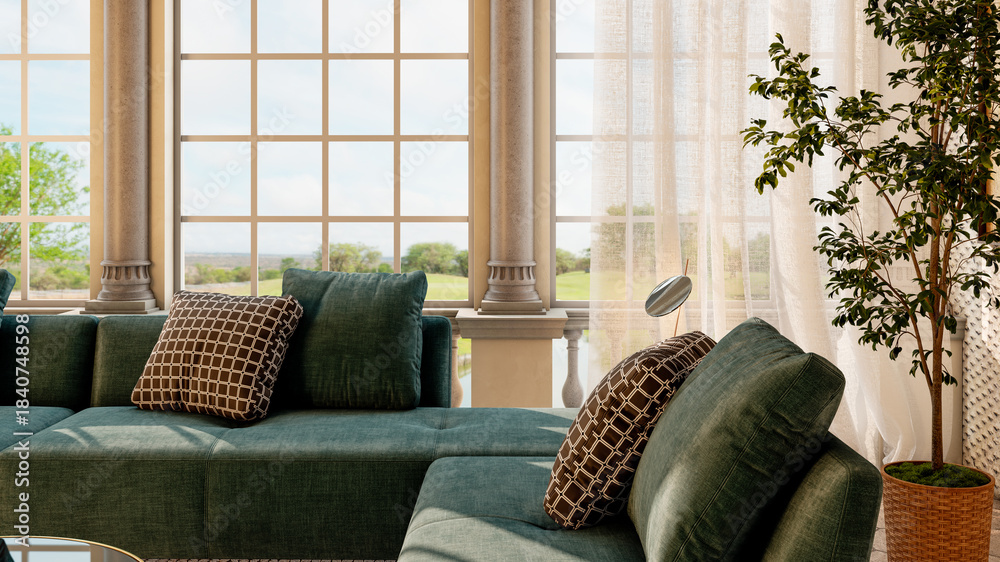 Obraz premium Large luxury modern bright interiors Living room mockup illustration 3D rendering image