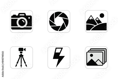 Collection of six hand drawn photography and camera icons
