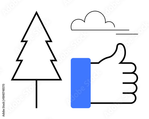 Sustainability concept. The image combines a tree, cloud, and thumbs-up symbols promoting eco-consciousness. Sustainability s environmental protection and support for green initiatives. Suitable