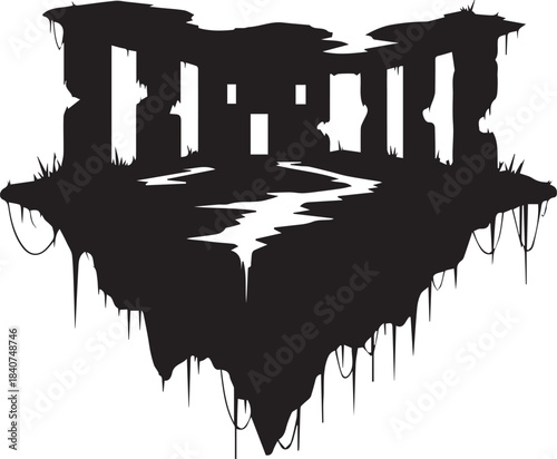 Abstract Silhouette of an Ancient Structure with a River Flowing Through it - Vector Art