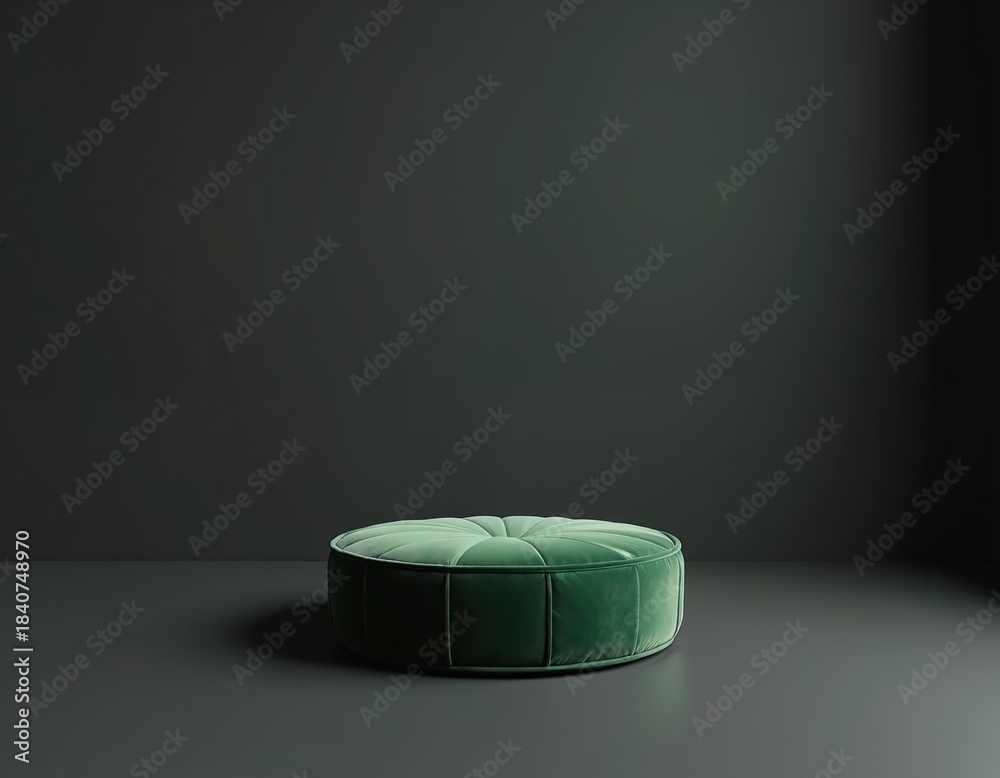 Naklejka premium Green velvet pouf with quilted top sits on dark floor. Minimalist interior design element, stylish home decor accent. Round ottoman provides comfortable seating option for living room.