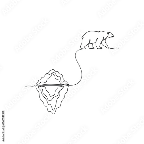 Artistic Continuous Line Drawing Featuring a Polar Bear and an Iceberg, Highlighting Climate Warming