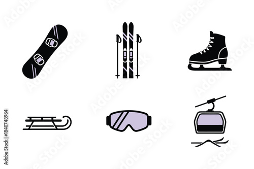 Winter sports equipment icons set