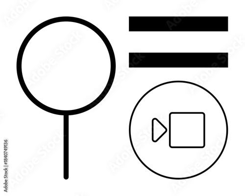 Magnifying glass symbolizing search, double horizontal lines for equality, video camera icon representing multimedia. Ideal for technology, digital interaction, education, equality, research, modern