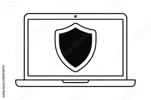 Laptop screen displays a black shield icon for security