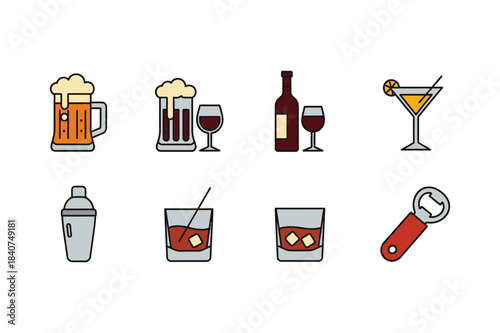 Collection of assorted alcoholic beverage icons and bar tools
