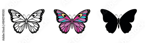 A vibrant butterfly with blue and pink wings, shown in three variations: outline, colorful with gradient wings, and black silhouette. Symbolizing beauty and metamorphosis.