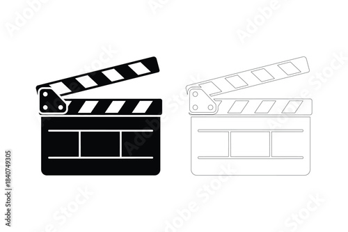 Black and white film clapperboard icons for movie production