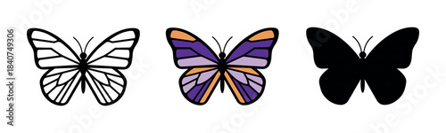 A beautiful butterfly with purple and orange wings, shown in three variations: outline, colorful with gradient wings, and black silhouette. A symbol of beauty and nature.
