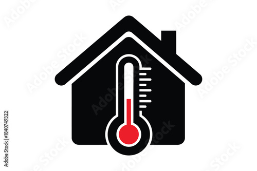 House with thermometer indicating warm temperature