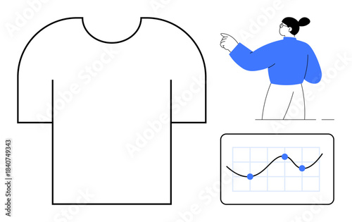 Fashion design, data analysis, infographic elements, e-commerce, branding, modern trends. Minimalist t-shirt shape, data graph person pointing to statistics. Fashion design and data analysis