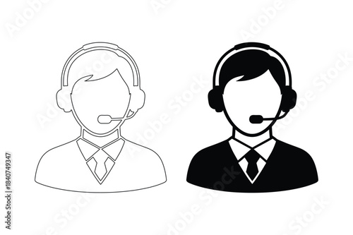 Two stylized icons of a person wearing a headset and tie