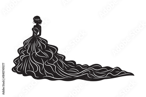 Elegant black gown with dramatic flowing train silhouette
