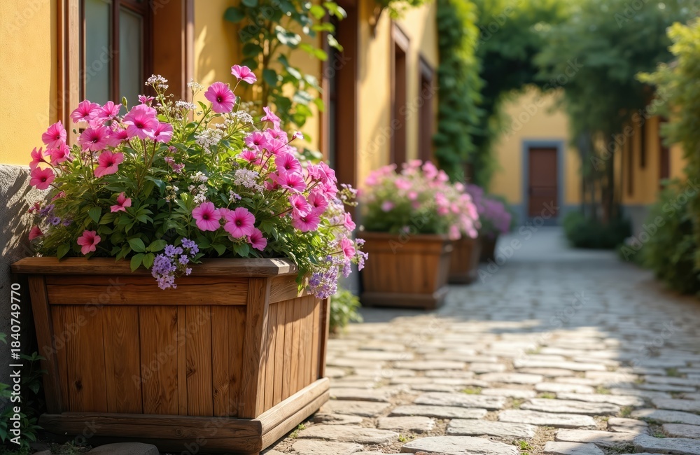 Fototapeta premium Wooden planters filled with vibrant pink petunias, small purple flowers line stone pathway. Green plants, ivy climb yellow building in background creating charming garden scene. Sunlit path leads