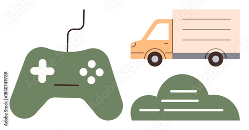 Green game controller connected by a wire, orange delivery truck, and cloud graphic symbolizing gaming, logistics, and digital connectivity. Ideal for technology, gaming, logistics, cloud services