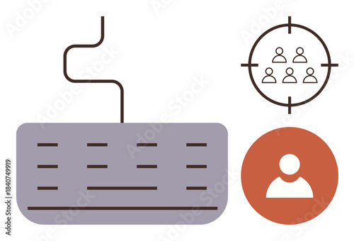 Keyboard for tech, user profile icon for identity, target audience in focus. Ideal for marketing, data, UX design, analytics, content creation personalization recruitment. Simple flat metaphor