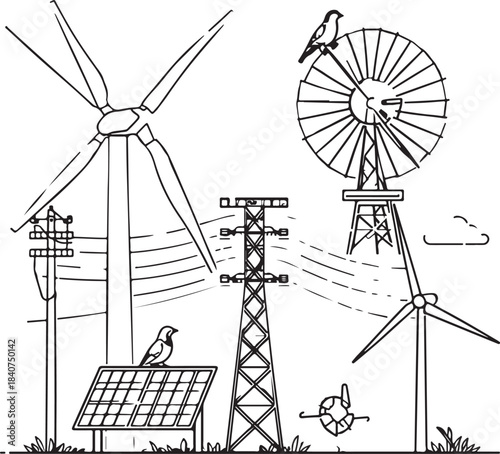 Renewable energy and low emission sustainable power system line icon set including solar, wind, hydrogen and EV charging. Clean energy generation and grid infrastructure vector illustration
