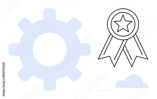 Achievement, optimization, productivity, success, workflow, innovation. A gear symbol and an award badge a star with ribbons. Achievement and productivity via icons