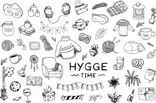 Cozy hygge time doodle collection handdrawn elements for comfort and warmth