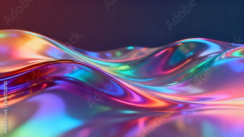 Abstract holographic wave surface with iridescent liquid metal texture and vibrant rainbow colors on dark background