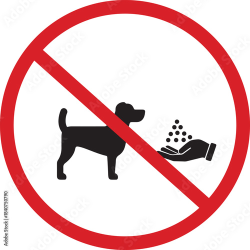 No Feeding: A clear and concise prohibition sign, featuring a stylized image of a dog and a hand offering food, communicating a simple message: No Feeding, Dog not allowed to eat