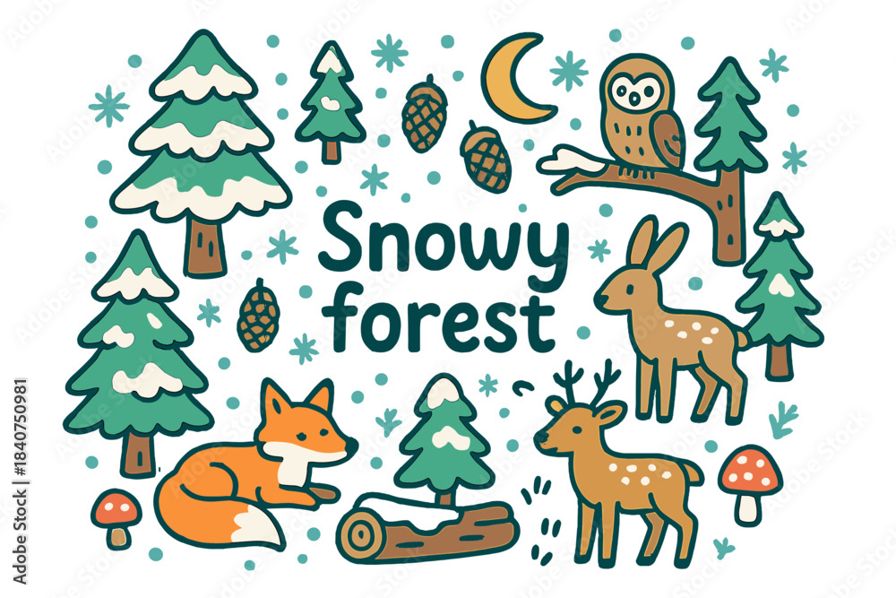 Fototapeta premium Whimsical Snowy Woodland. Snowy forest. Hand-drawn doodle illustration of snowy forest. Evergreen trees,