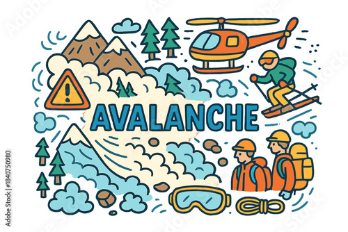 Avalanche Adventure Doodle. Avalanche. Hand-drawn doodle illustration of avalanche. Snow waves, mountain peaks