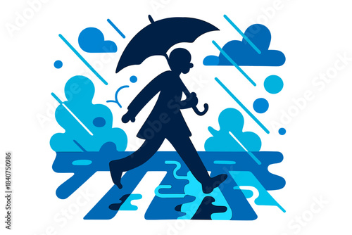 Neon Rainy Silhouette. Rainy Commute. Silhouette with umbrella crossing the street as neon reflections shimmer