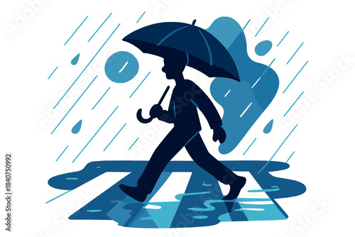 Neon Rainy Silhouette. Rainy Commute. Silhouette with umbrella crossing the street as neon reflections shimmer