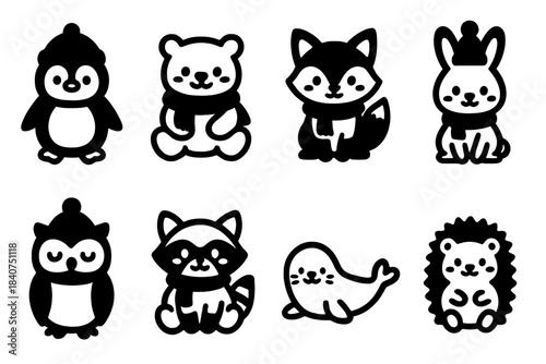 Kawaii Winter Icons. Kawaii winter animals. Filled icon set of kawaii winter animals: kawaii penguin, kawaii