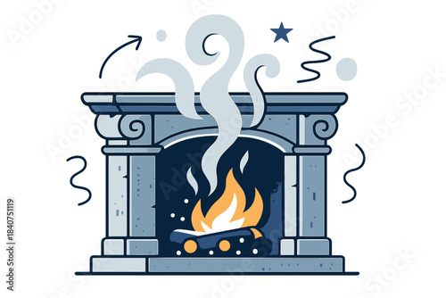 Retro Fireplace Scene. Vintage fireplace. Ornate stone frame with curling smoke and warm embers glowing inside